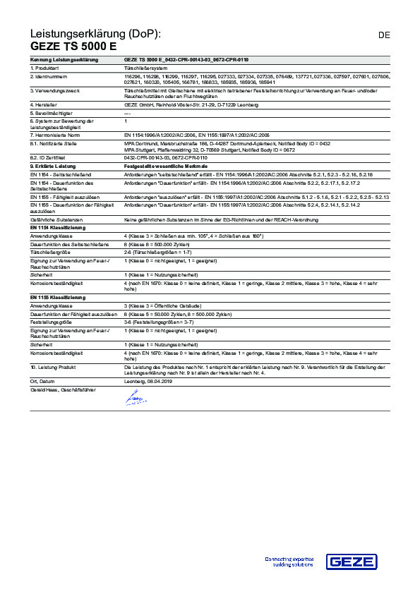 GEZE TS 5000 E - Declaration of performance