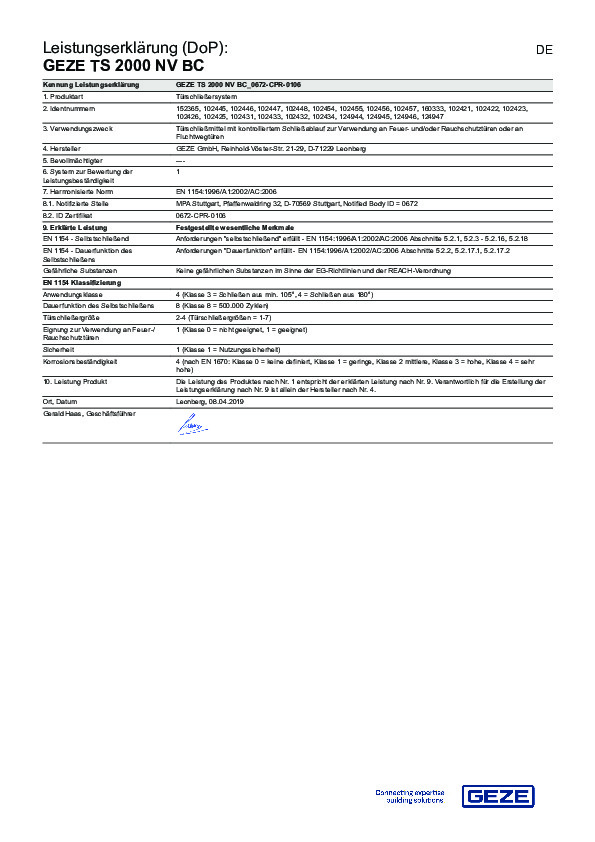 GEZE TS 2000 NV BC - Declaration of performance 