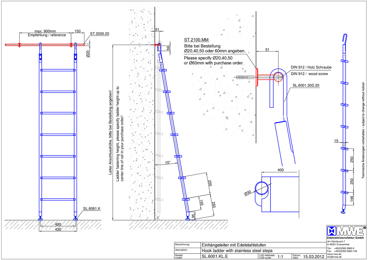 SL.6001.KL MWE Hook ladder KLASSIK with stainless steel steps - technical information