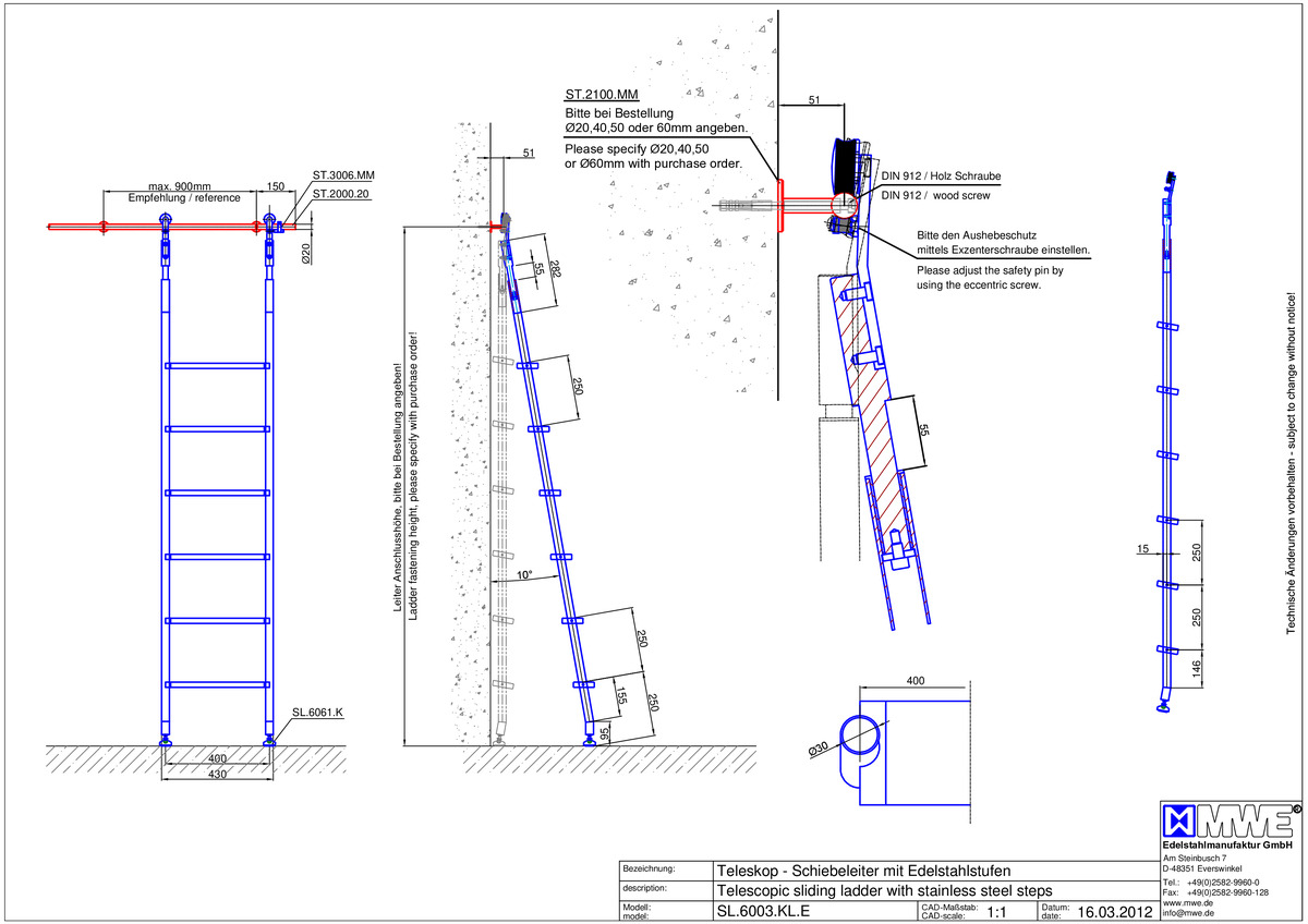 MWE KLASSIK TELESKOP SL.6003.KL - sliding ladder with stainless steel steps - technical data