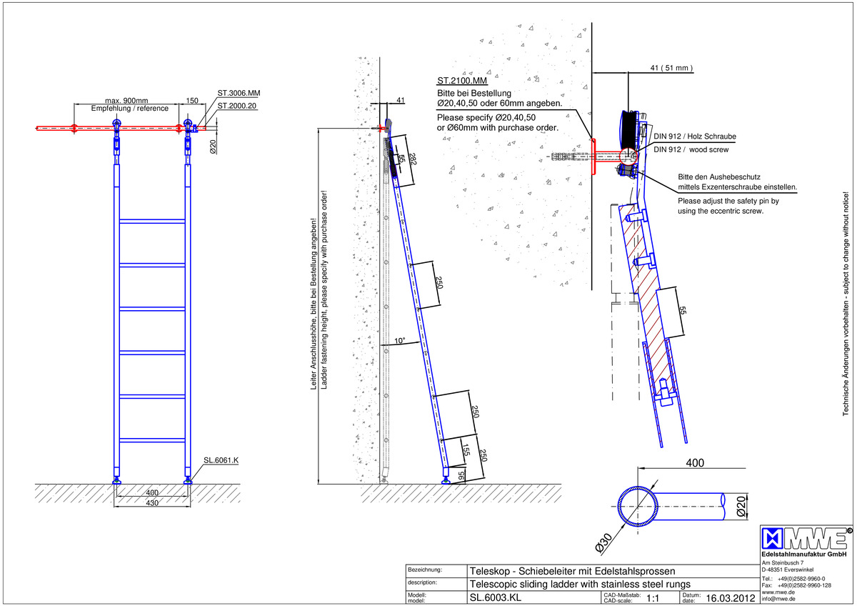MWE KLASSIK TELESKOP SL.6003.KL - sliding ladder with stainless steel rungs - technical data