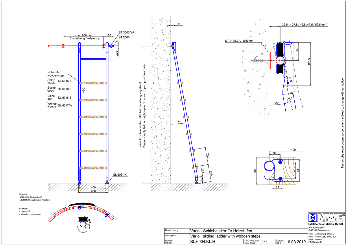 MWE KLASSIK VARIO SL.6004.KL sliding ladder with wooden steps - technical information