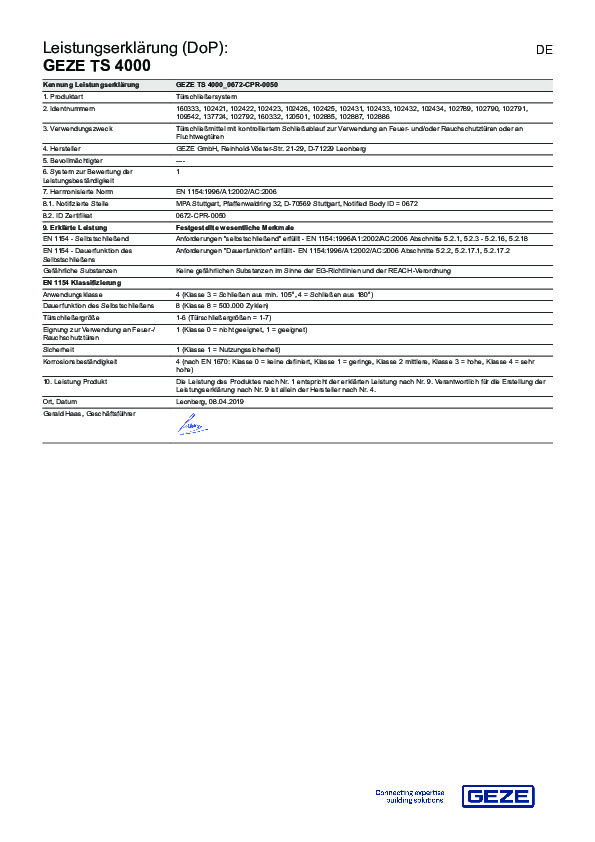 GEZE TS 4000 - Declaration of performance