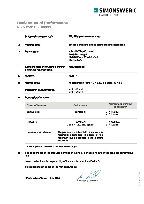 Declaration of performance TECTUS 2 850143 0 00000