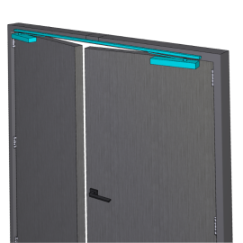 Closing system for double leaf doors GEZE TS 5000 E-ISM with closing sequence control and electric hold-open device