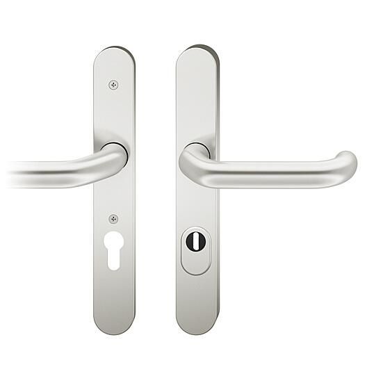 Security backplate set with handles for narrow doors, handle/handle, with cylinder security disc, PZ 92, aluminium F1