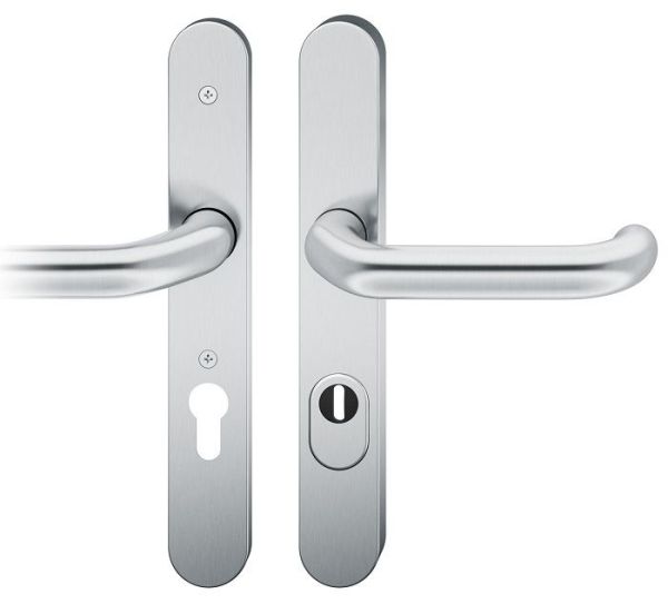 Security backplate set with handles for narrow doors, handle/handle, with cylinder security disc, PZ 92, stainless steel