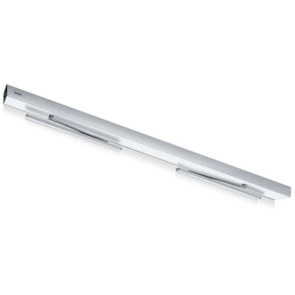 Swing door drive GEZE Slimdrive EMD-F-IS with guide rails for double-leaf fire protection doors with closing sequence control, silver