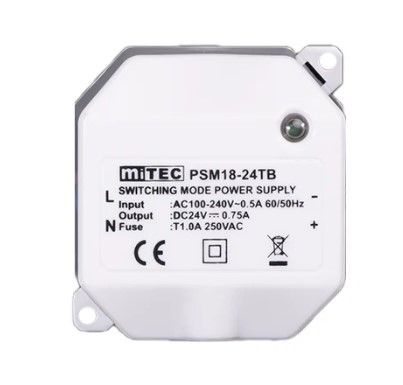 MiTEC PSM18 Switching mode power supply 100-240V / 12V DC, 1.5A, for installation in a junction box | RANKENOSPLIUS.lt